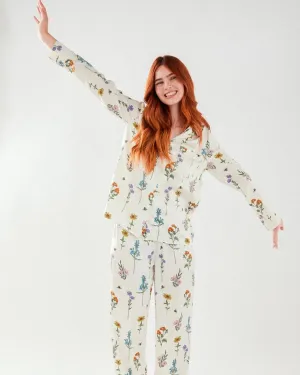 Satin Long Pyjama Floral Print Button Up  Set