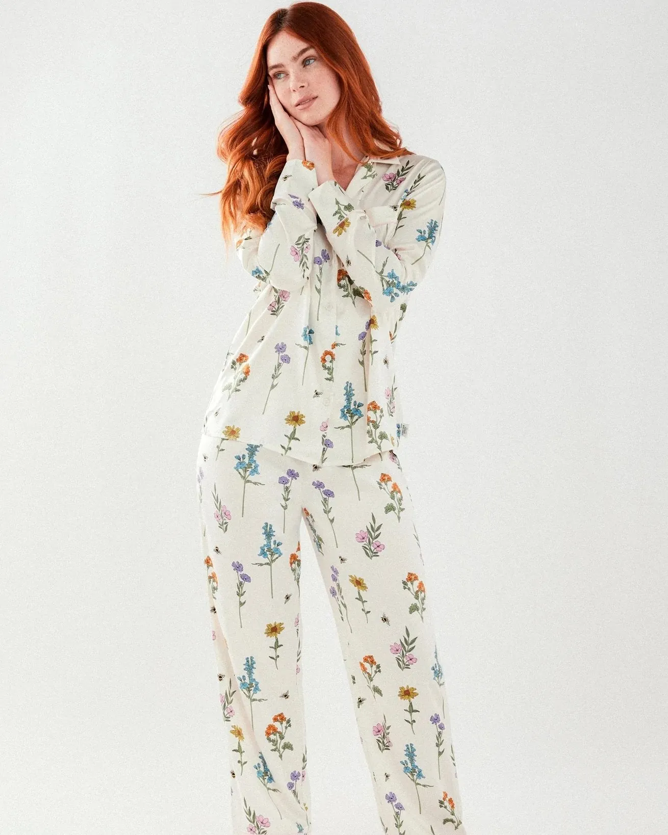 Satin Long Pyjama Floral Print Button Up  Set