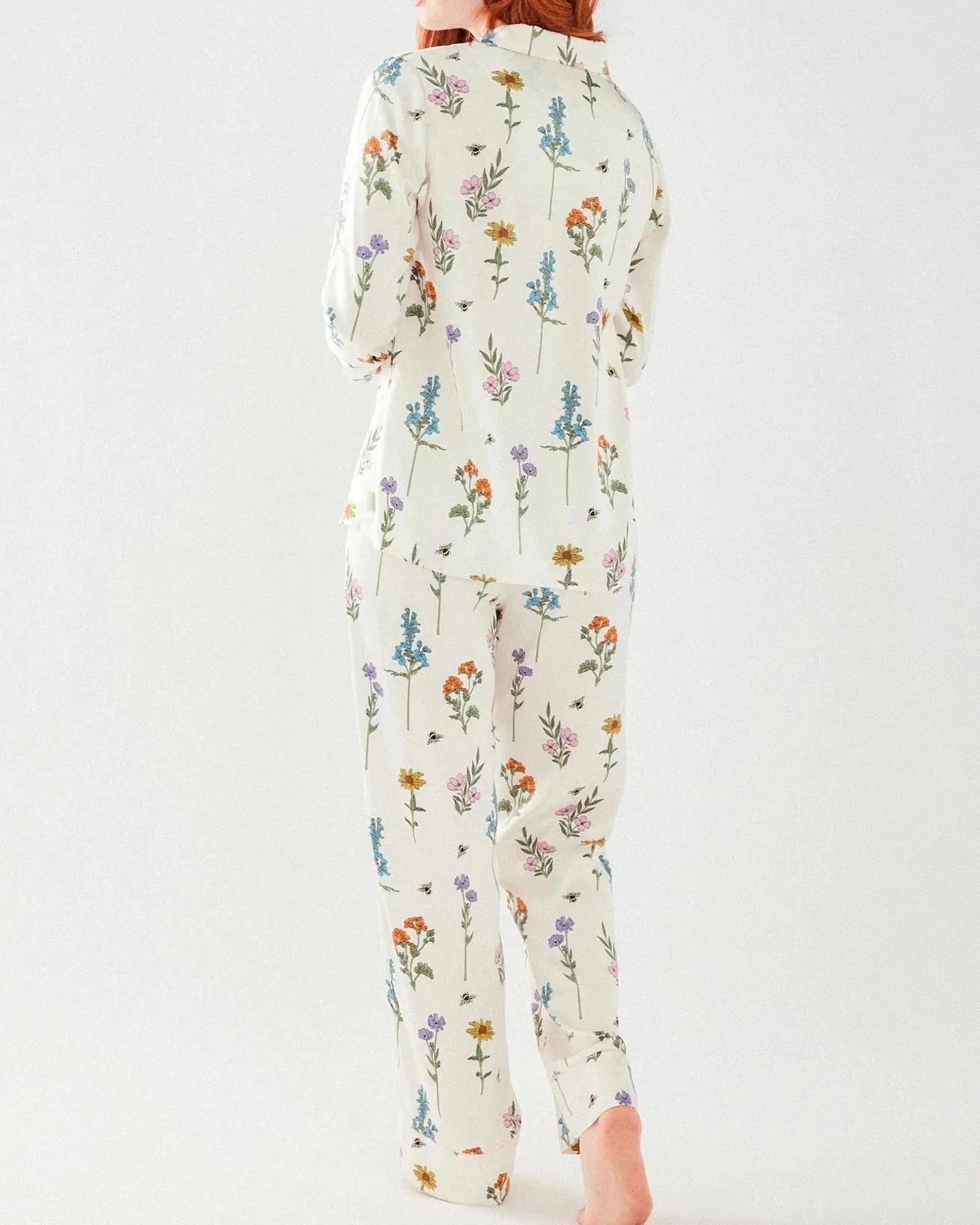 Satin Long Pyjama Floral Print Button Up  Set