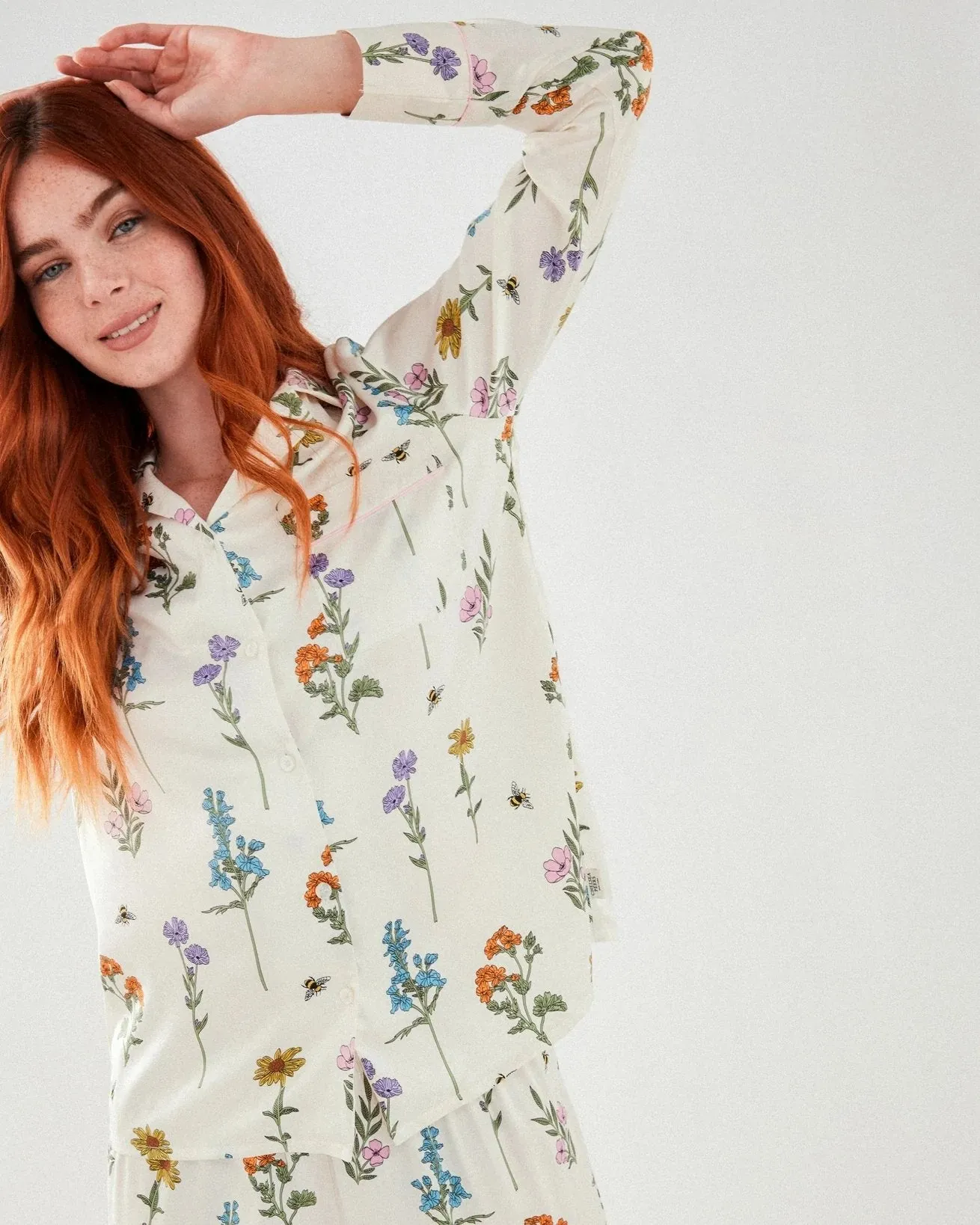 Satin Long Pyjama Floral Print Button Up  Set