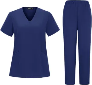 Scrubs for Women Set Stretch V-Neck Short Sleeve Top & Jogger Pant Uniform Scrub Sets for Woman with Pockets