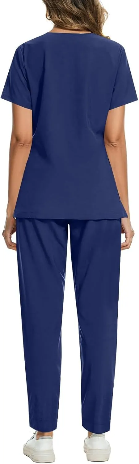Scrubs for Women Set Stretch V-Neck Short Sleeve Top & Jogger Pant Uniform Scrub Sets for Woman with Pockets