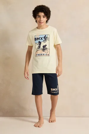 Senior Boys Yellow And Navy Printed Pyjama Set (2 Piece)