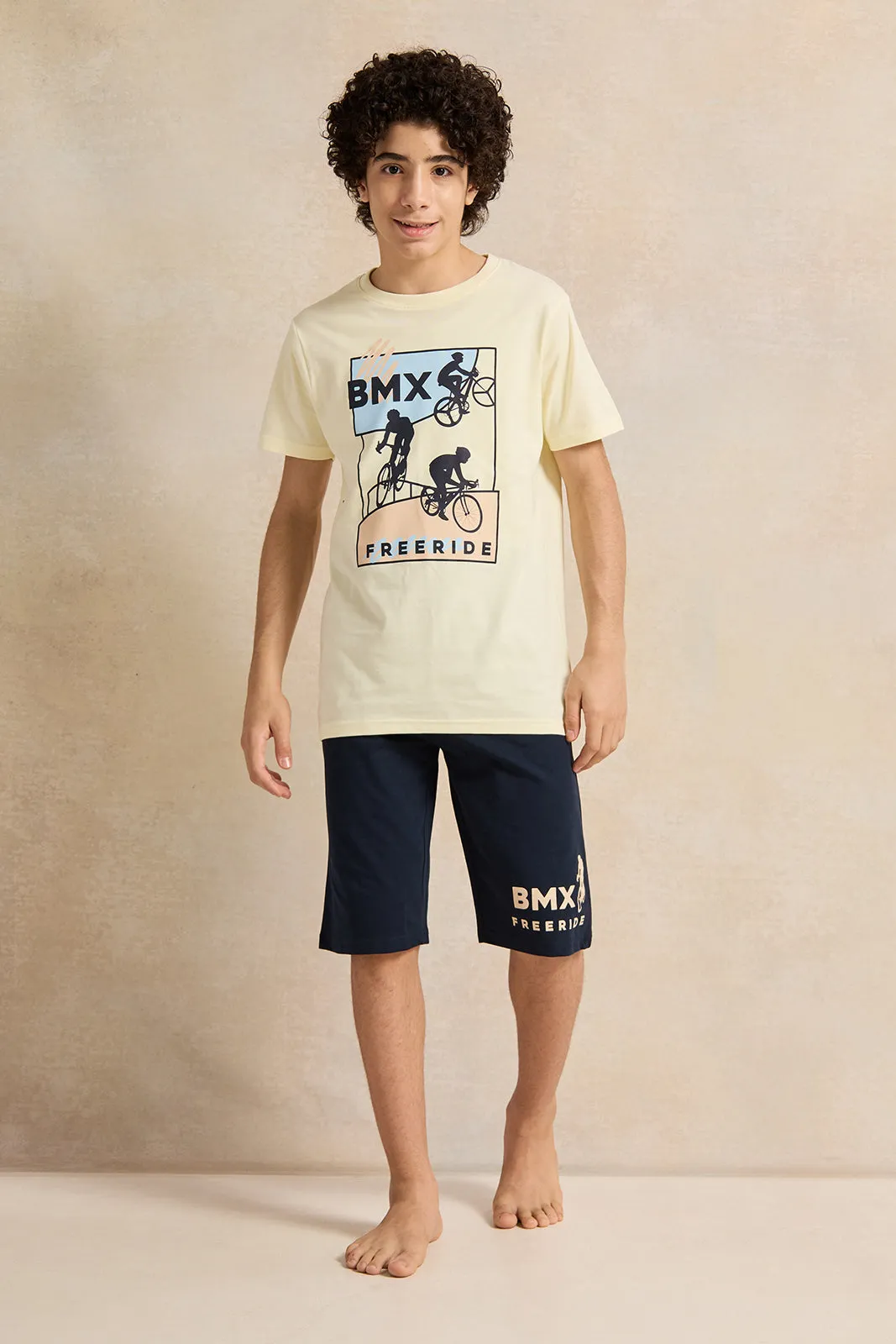 Senior Boys Yellow And Navy Printed Pyjama Set (2 Piece)