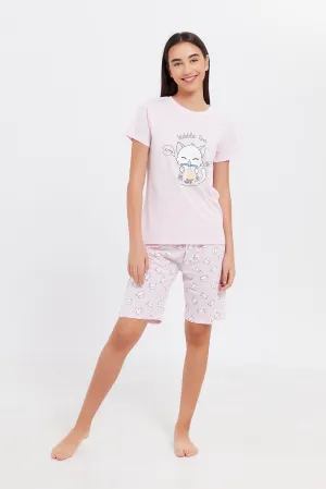 Senior Girls Pink Cat Print Pyjama Set (2 peice)