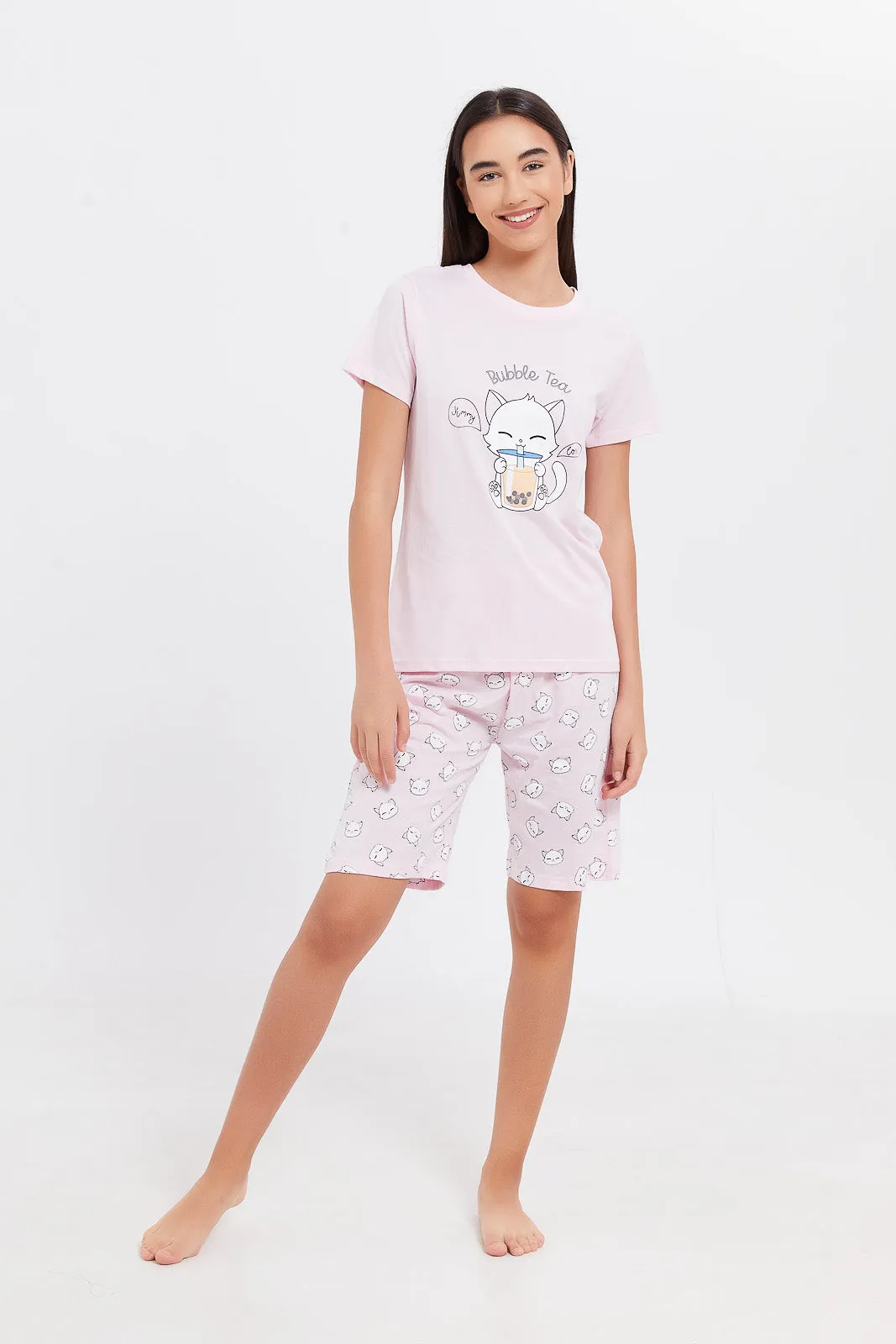 Senior Girls Pink Cat Print Pyjama Set (2 peice)