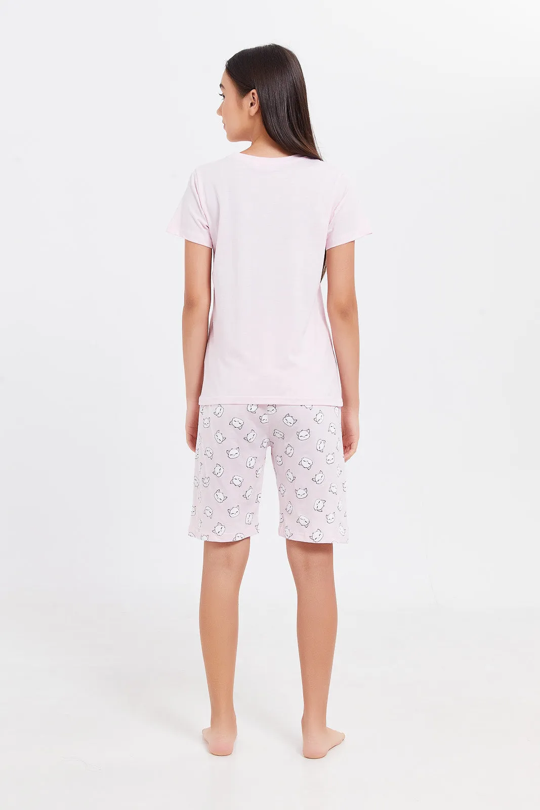 Senior Girls Pink Cat Print Pyjama Set (2 peice)