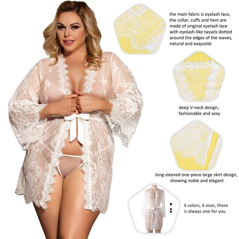 Sexy Long Sleeve Eyelash Lace Short Sleepwear with Thong White