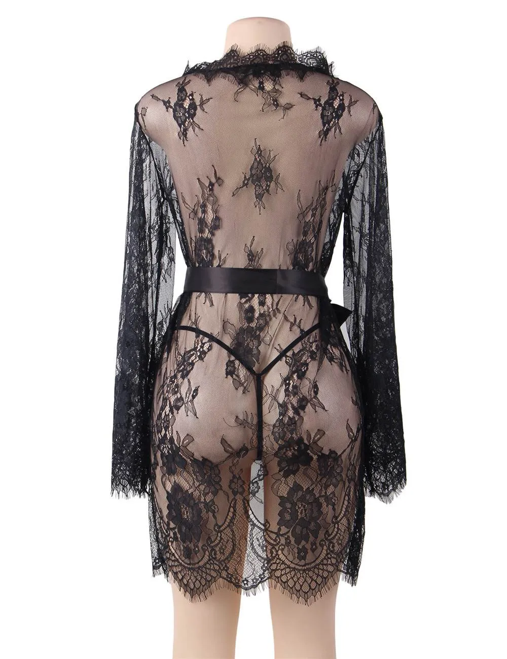 Sexy Long Sleeve Eyelash Lace Short Sleepwear with Thong