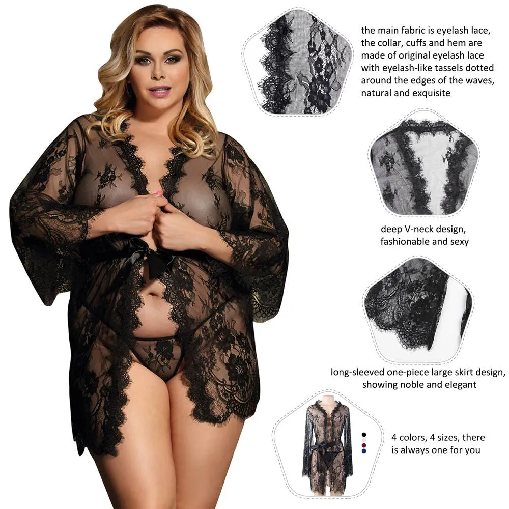 Sexy Long Sleeve Eyelash Lace Short Sleepwear with Thong
