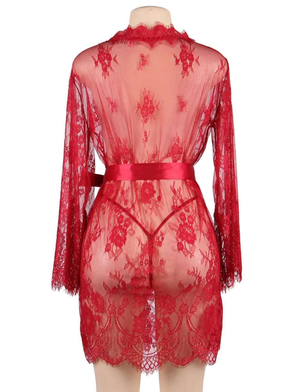 Sexy Long Sleeve Short Sleepwear with Thong Red Plus Size