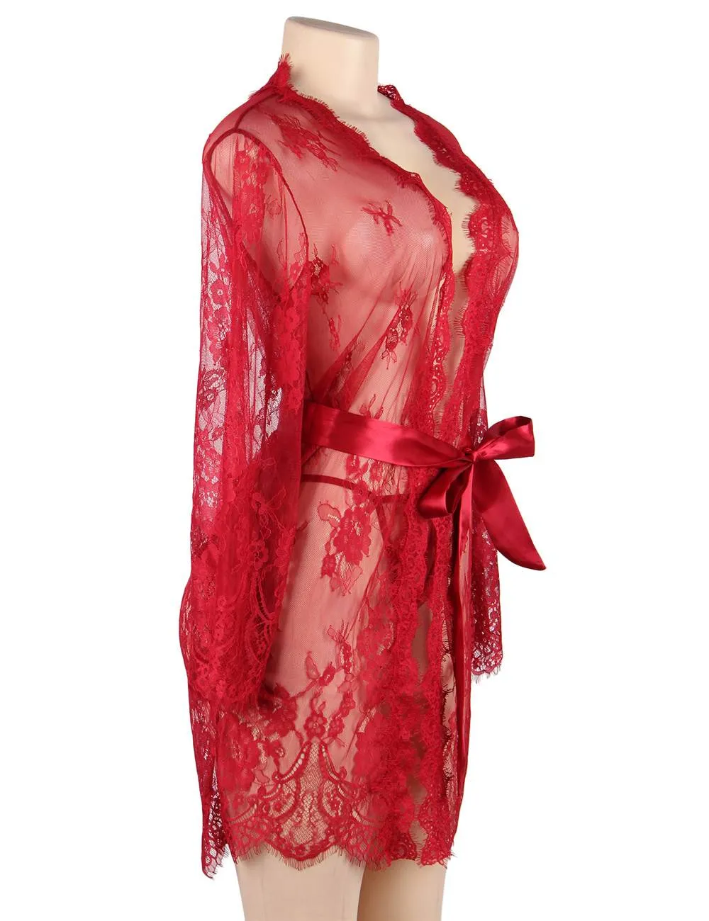 Sexy Long Sleeve Short Sleepwear with Thong Red Plus Size