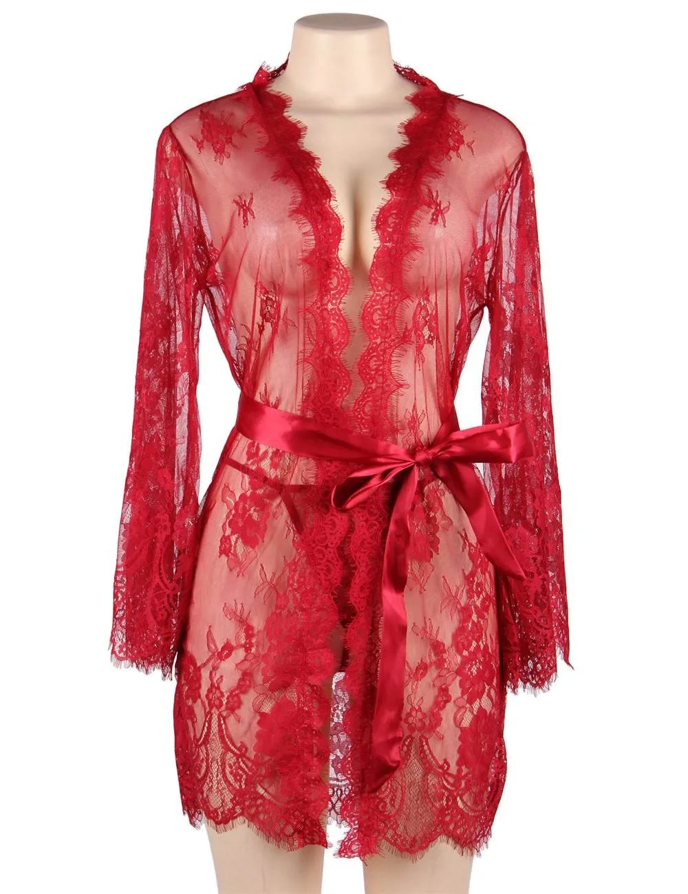 Sexy Long Sleeve Short Sleepwear with Thong Red Plus Size