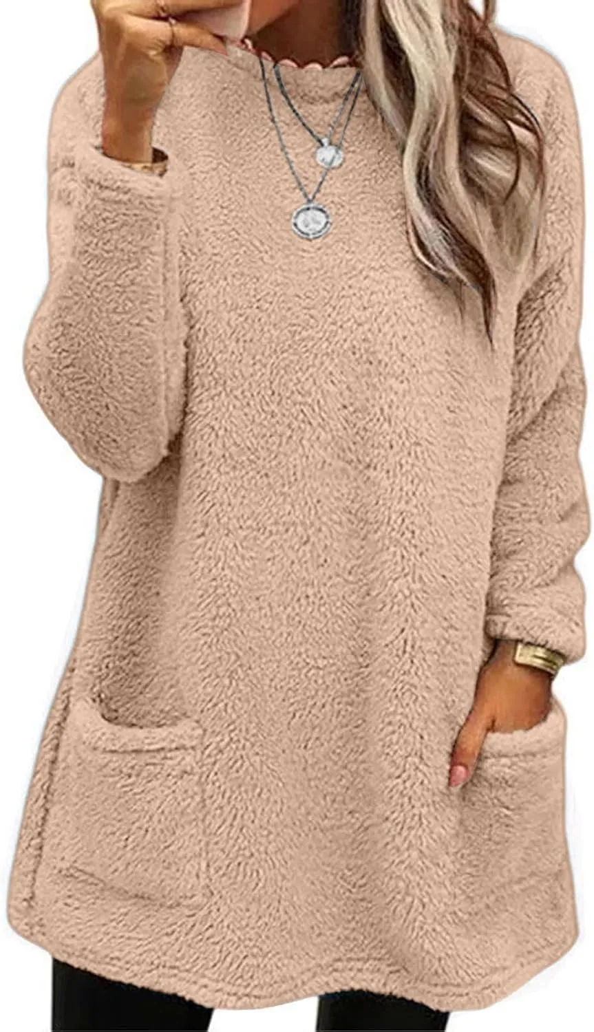 SHAOBGE Fleece Sherpa Pullover for Women Casual Crewneck Pullover Winter Warm Faux Fur Sweatshirts Loungwear Tops with Pocket