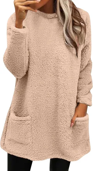 SHAOBGE Fleece Sherpa Pullover for Women Casual Crewneck Pullover Winter Warm Faux Fur Sweatshirts Loungwear Tops with Pocket