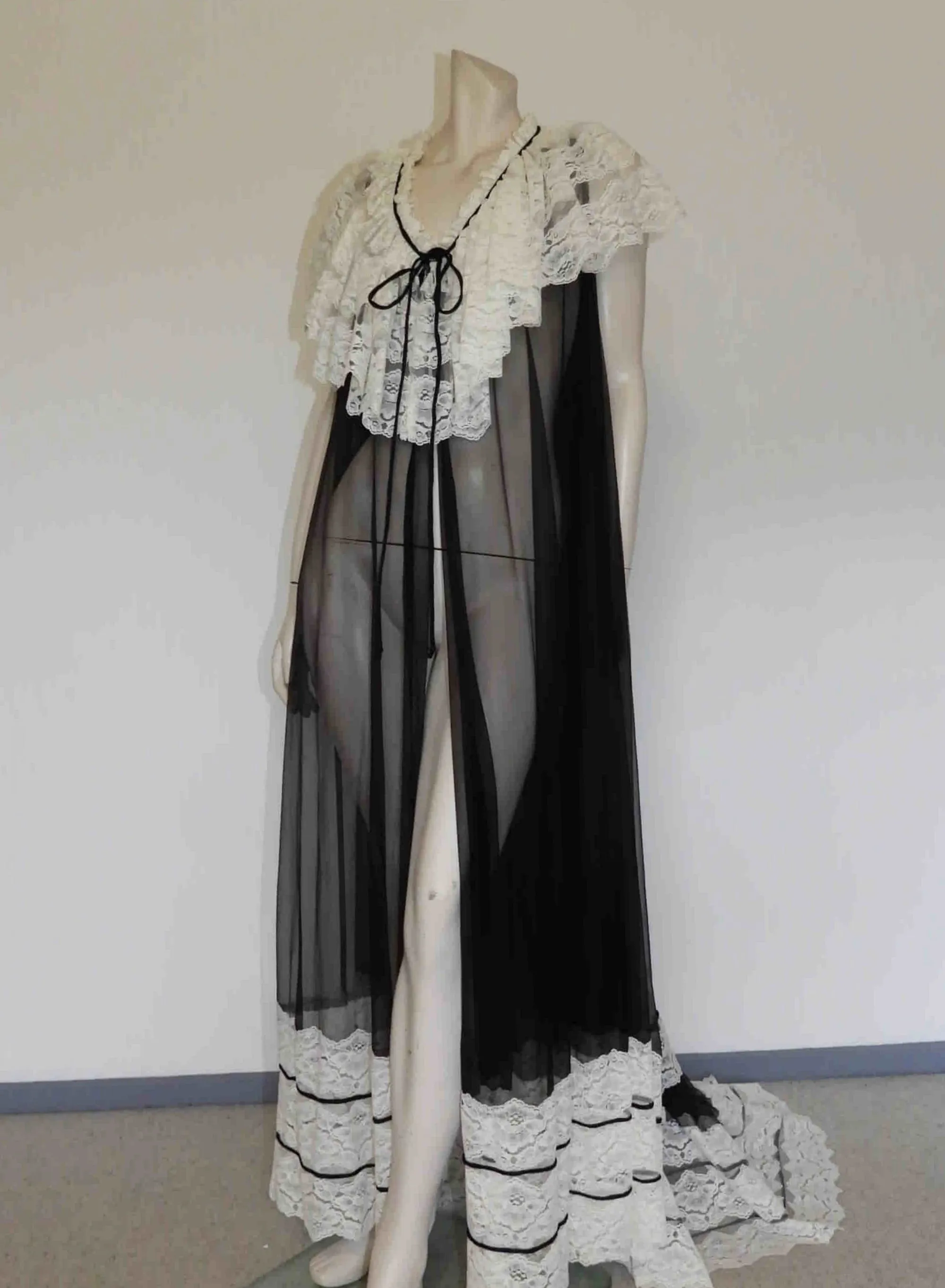 Sheer Black Peignoir, Negligee, With Ruffle & Train