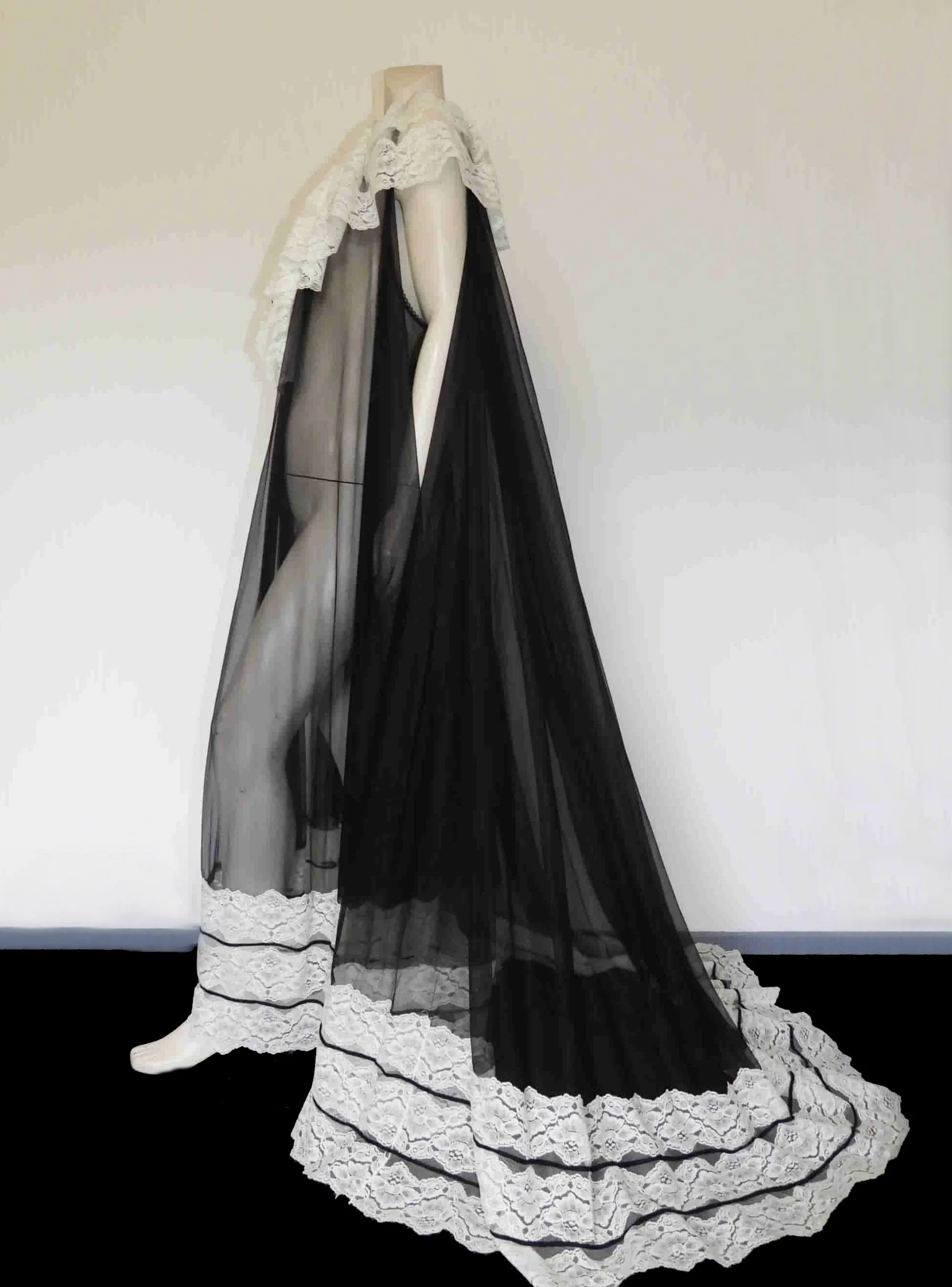 Sheer Black Peignoir, Negligee, With Ruffle & Train