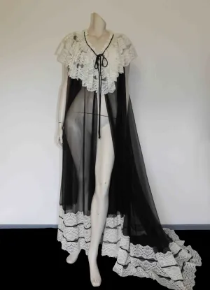 Sheer Black Peignoir, Negligee, With Ruffle & Train