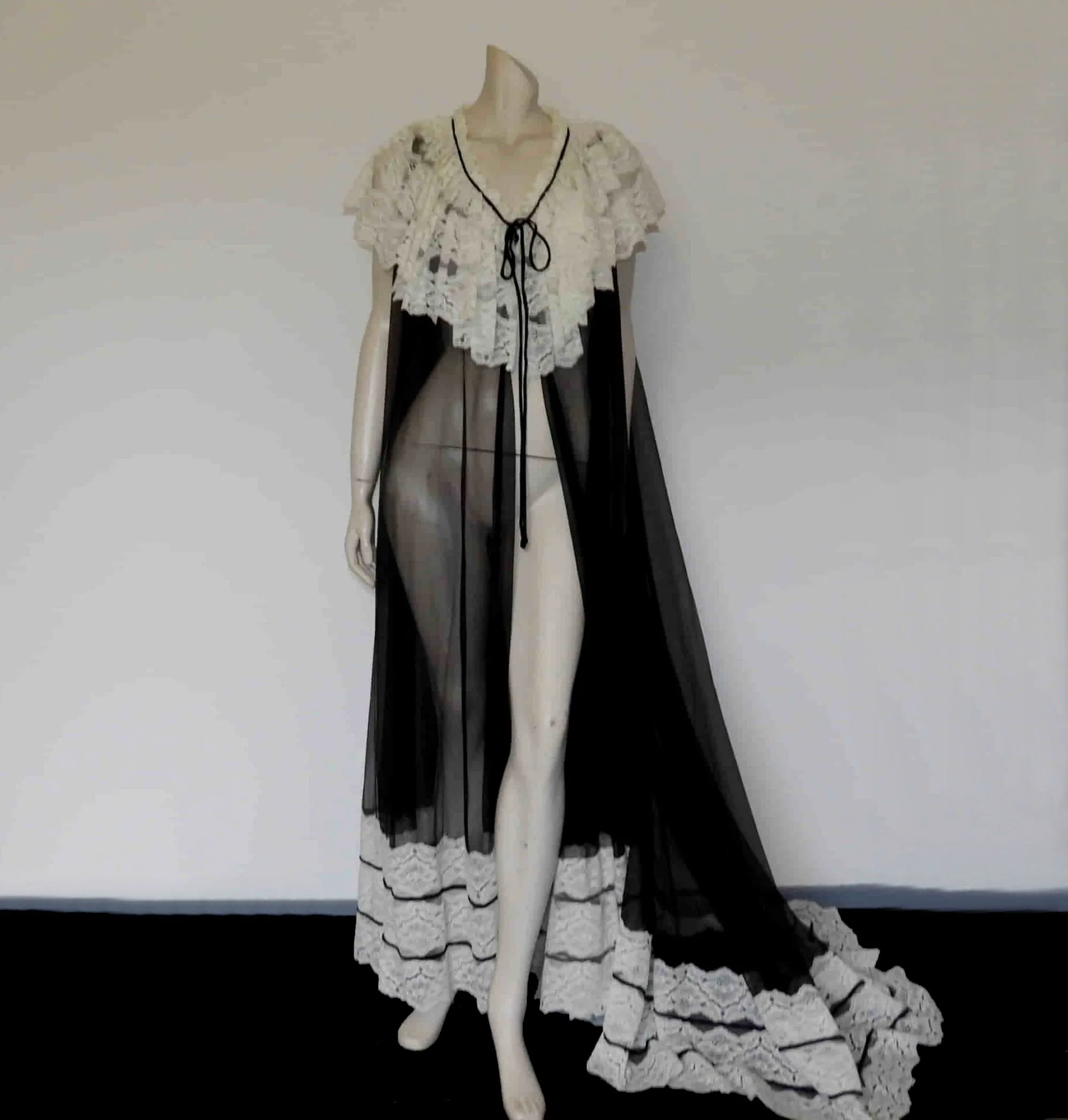 Sheer Black Peignoir, Negligee, With Ruffle & Train