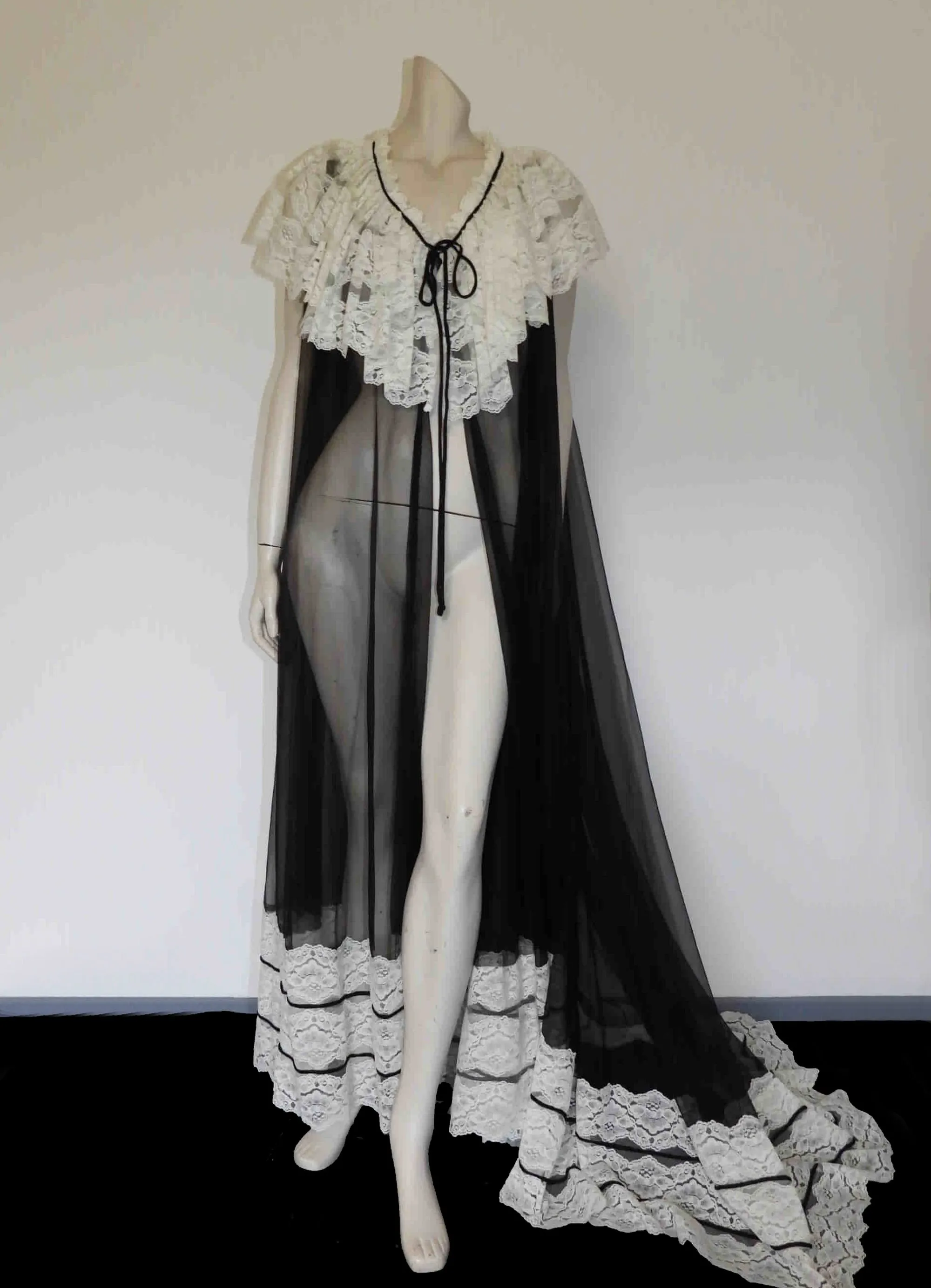 Sheer Black Peignoir, Negligee, With Ruffle & Train