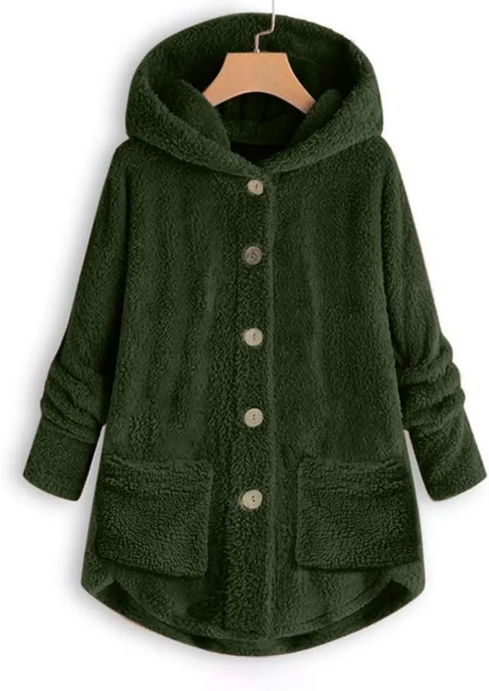 Sherpa Jacket Women Trendy Winter Long Sleeve Fleece Jacket Faux Fur Outerwear Full Button Warming Coats with Pockets