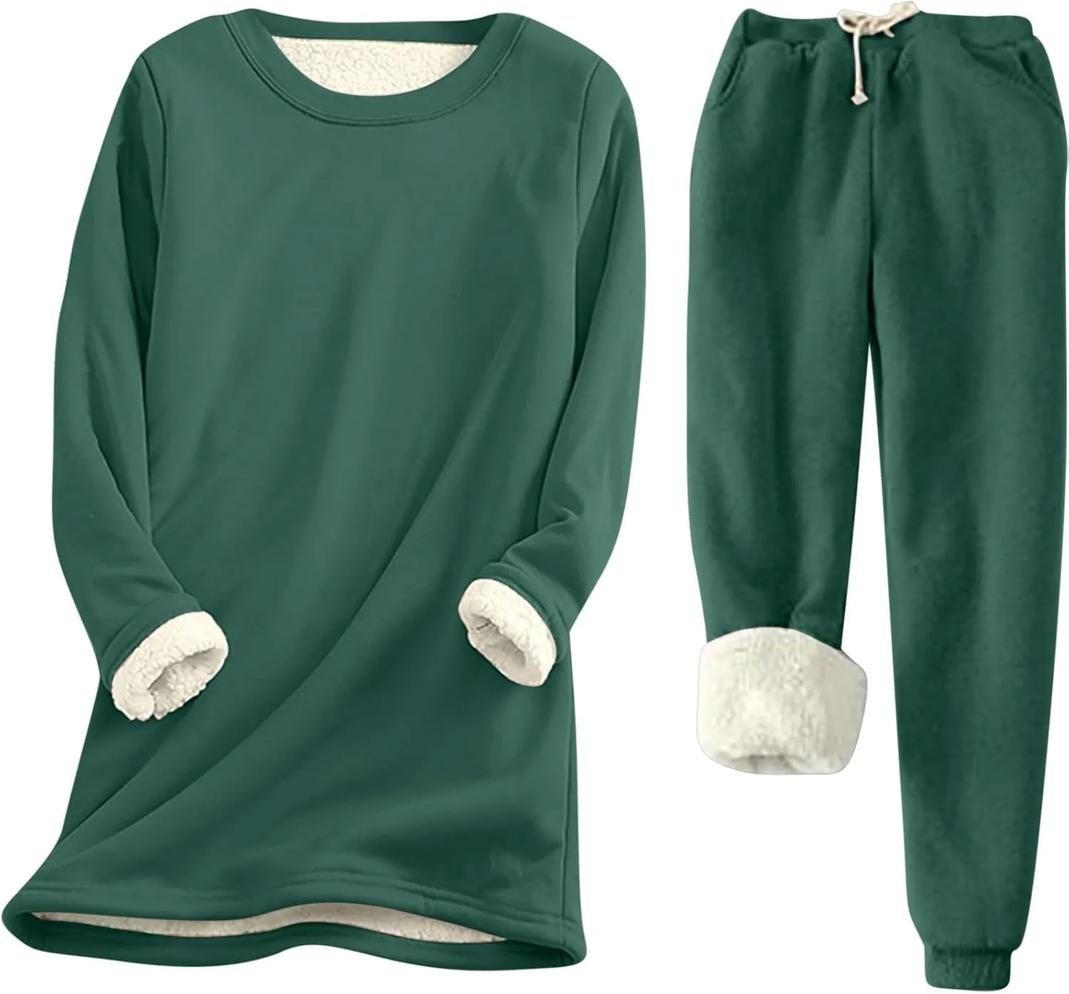 Sherpa Lined Lounge Sets for Women 2 Piece Warm Outfits Long Sleeve Pullover with Pockets Fuzzy Fleece Pajamas Set