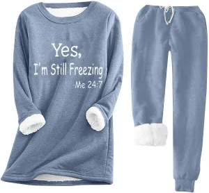 Sherpa Lined Lounge Sets for Women 2 Piece Warm Outfits Long Sleeve Pullover with Pockets Fuzzy Fleece Pajamas Set