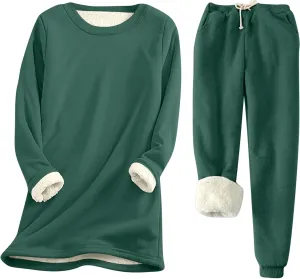 Sherpa Lined Lounge Sets for Women 2 Piece Warm Outfits Long Sleeve Pullover with Pockets Fuzzy Fleece Pajamas Set