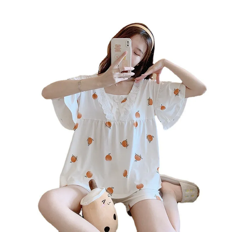 Silk Pajamas Women Summer Thin Short Sleeve Pants Sets Sweet Look Lace Princess Loungewear Sleepwear