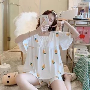 Silk Pajamas Women Summer Thin Short Sleeve Pants Sets Sweet Look Lace Princess Loungewear Sleepwear