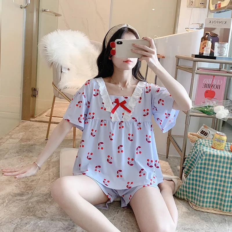 Silk Pajamas Women Summer Thin Short Sleeve Pants Sets Sweet Look Lace Princess Loungewear Sleepwear