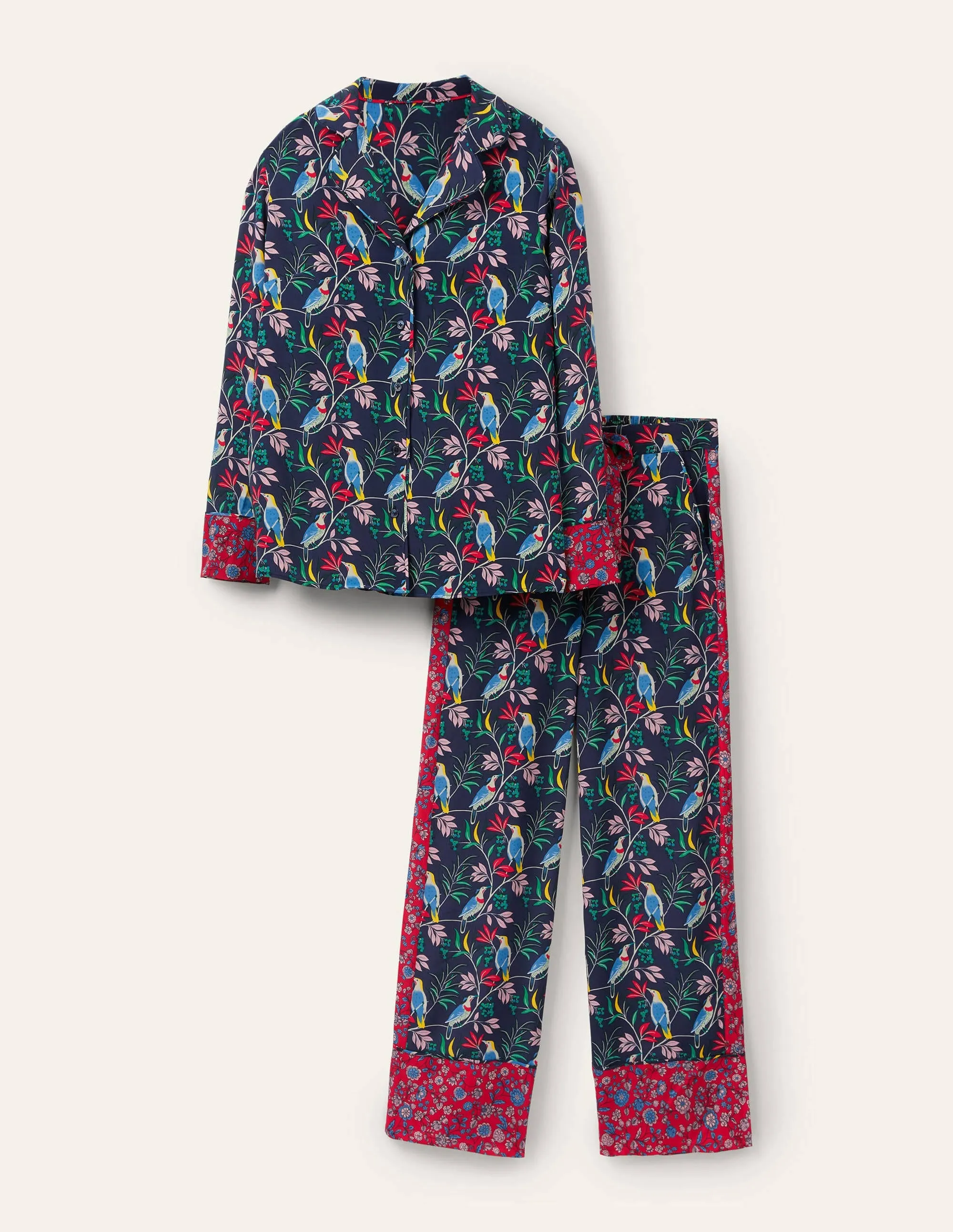 Silk Pyjama Set-Navy, Berry Bird