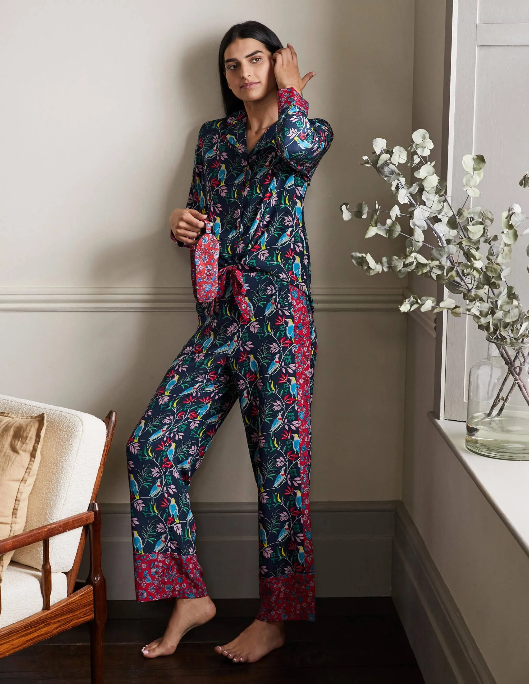 Silk Pyjama Set-Navy, Berry Bird
