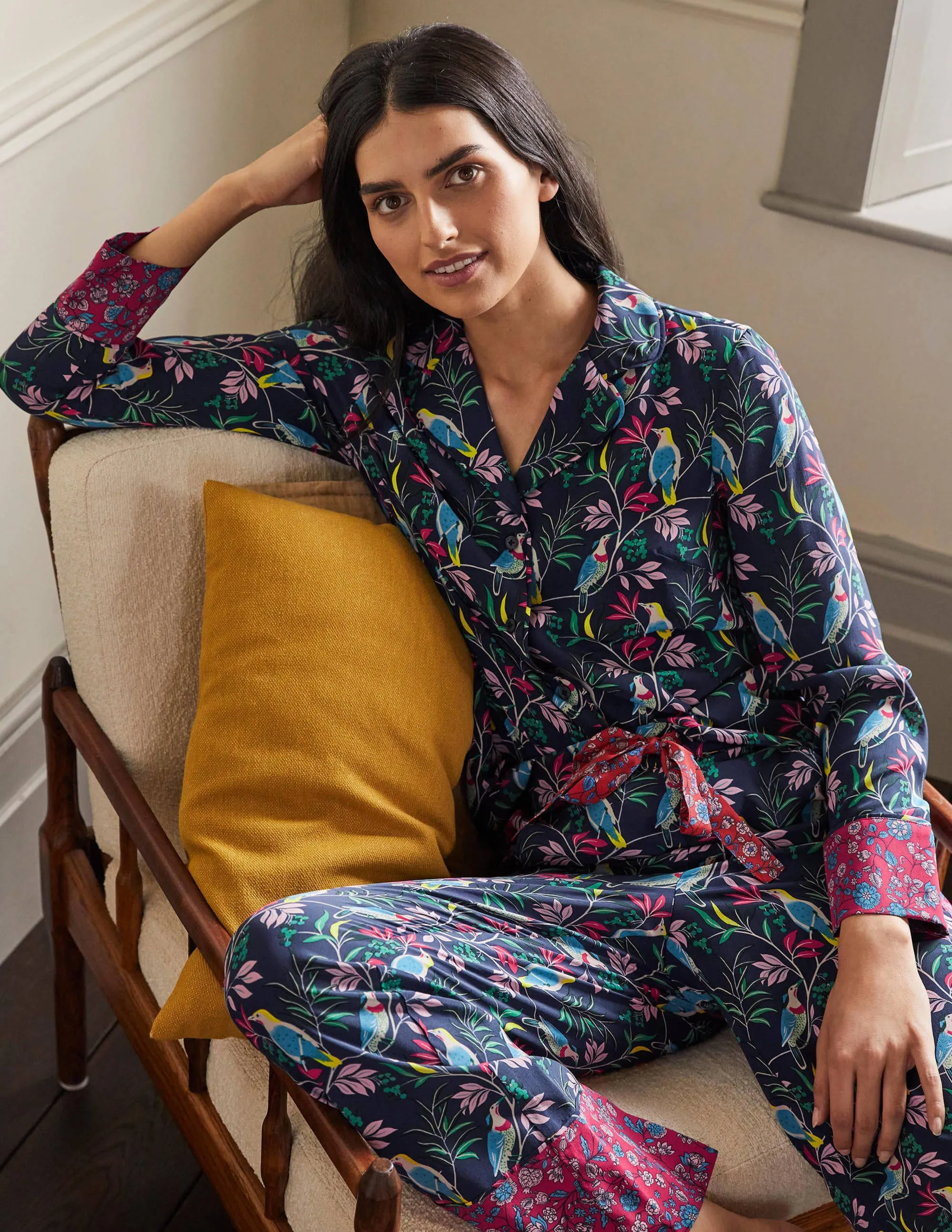 Silk Pyjama Set-Navy, Berry Bird