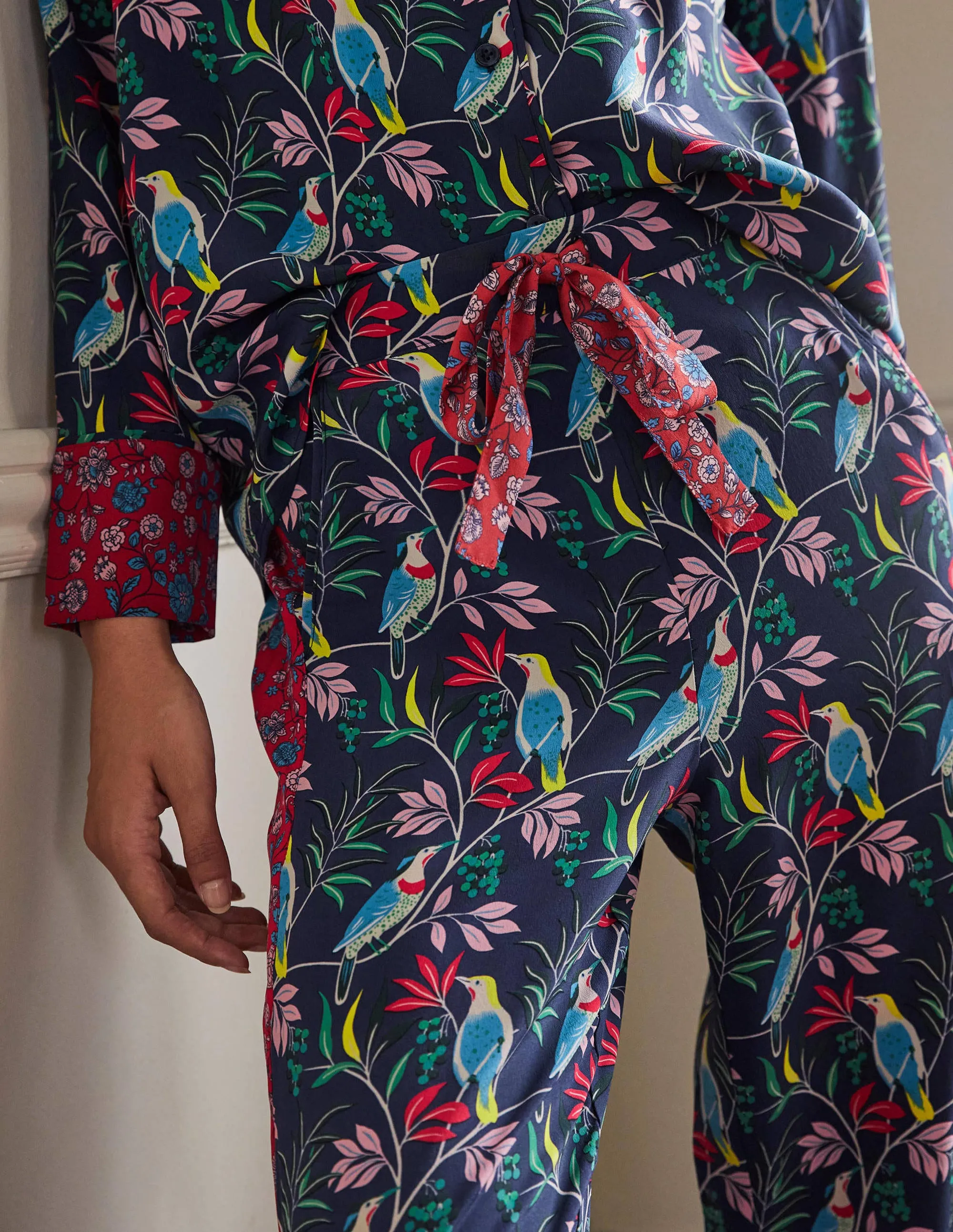Silk Pyjama Set-Navy, Berry Bird