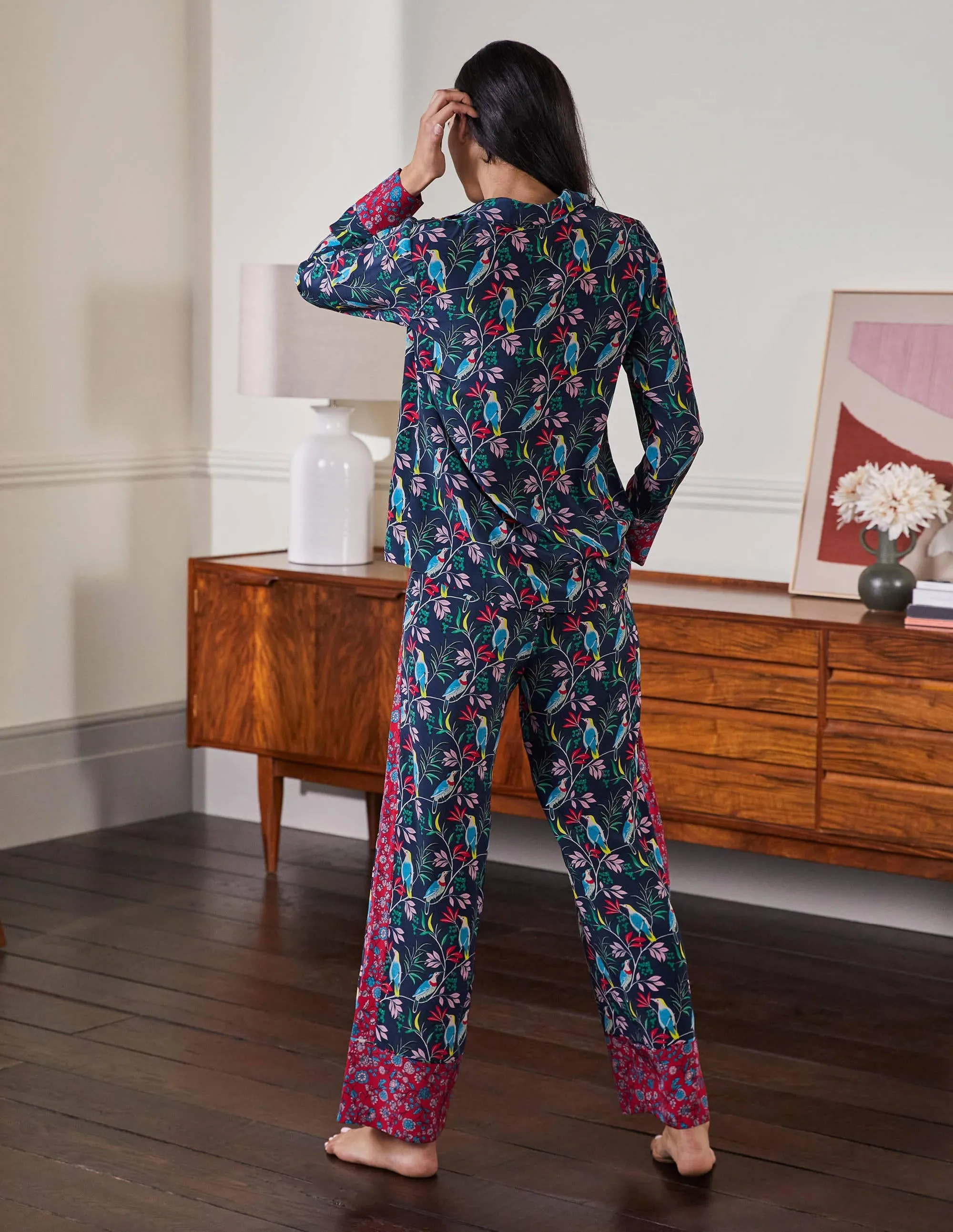 Silk Pyjama Set-Navy, Berry Bird