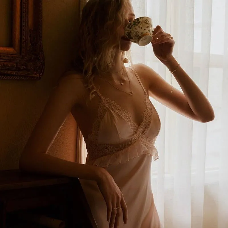 Silk Satin Bow Lace Straps Nightgown