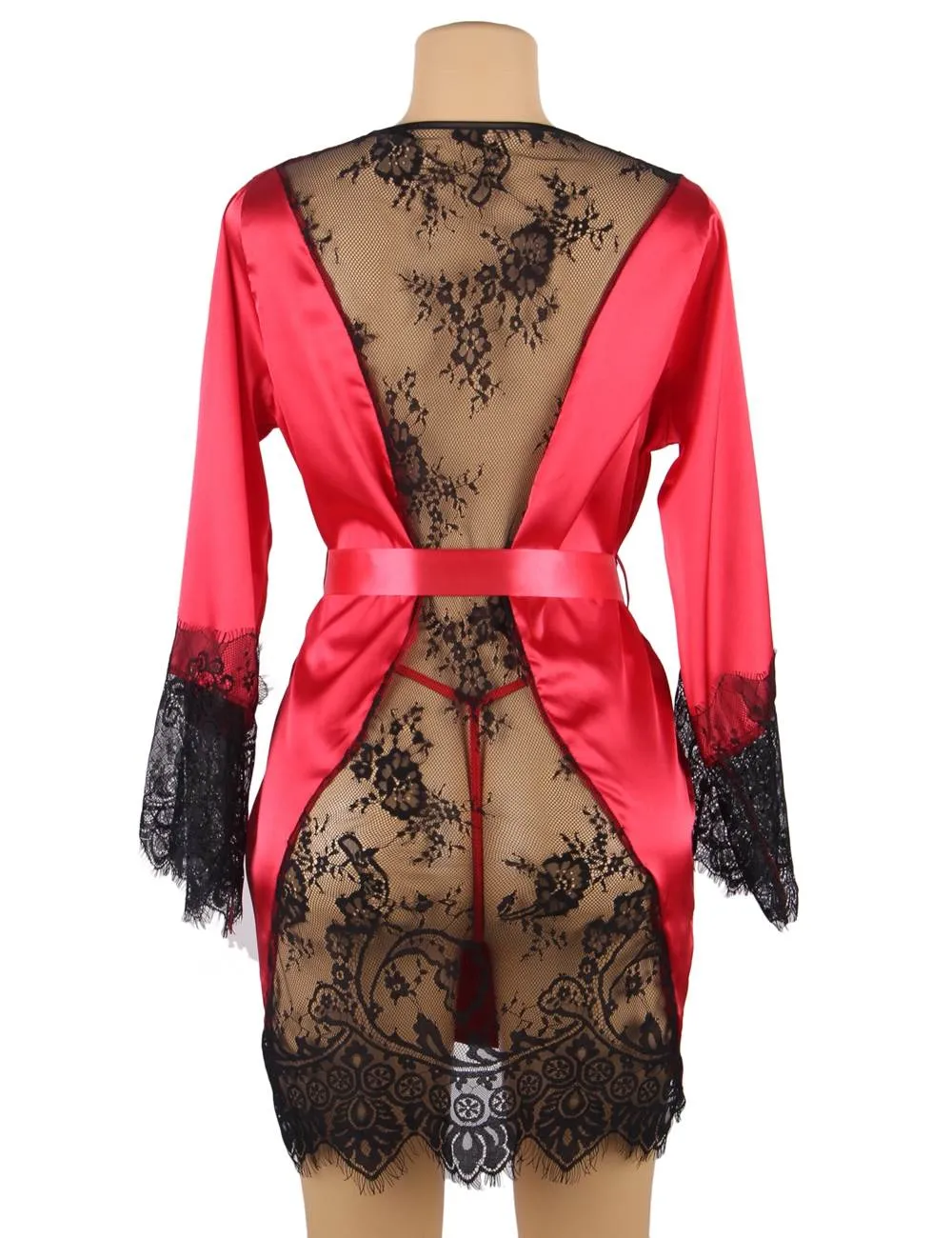 Silk Satin Lace Back Hollow Out Sexy Women Kimono Home
