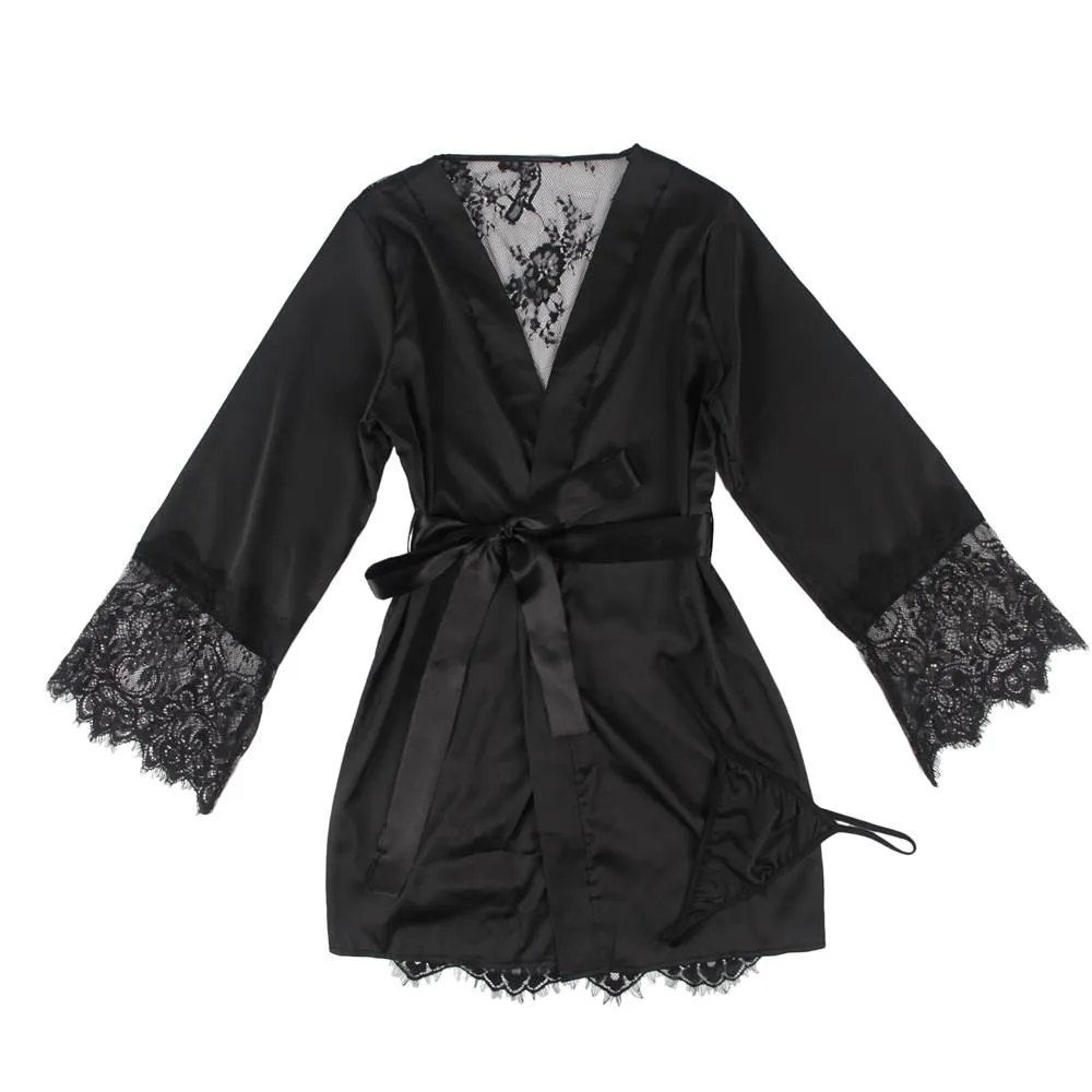 Silk Satin Lace Back Hollow Out Sexy Women Kimono Home