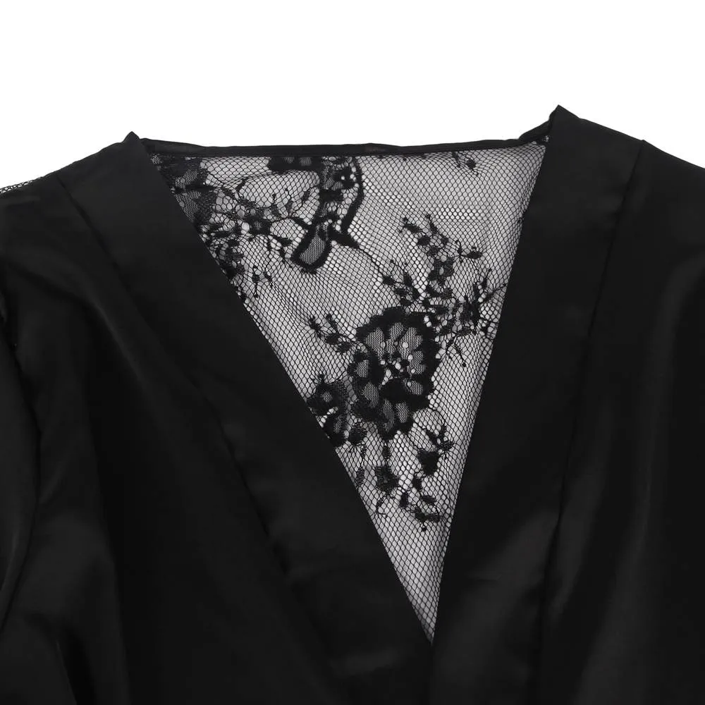 Silk Satin Lace Back Hollow Out Sexy Women Kimono Home