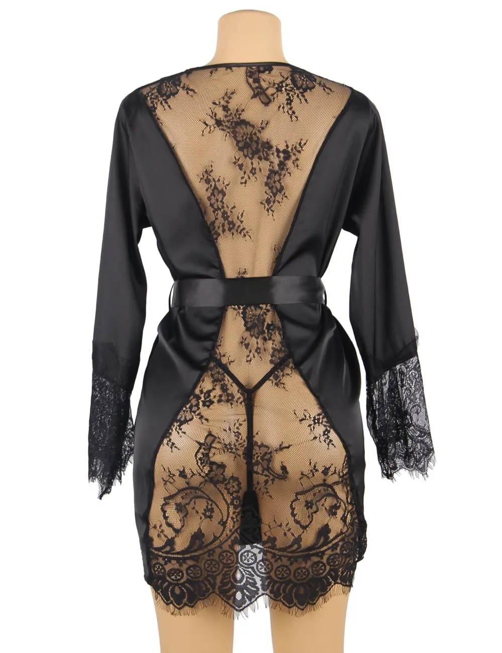 Silk Satin Lace Back Hollow Out Sexy Women Kimono Home