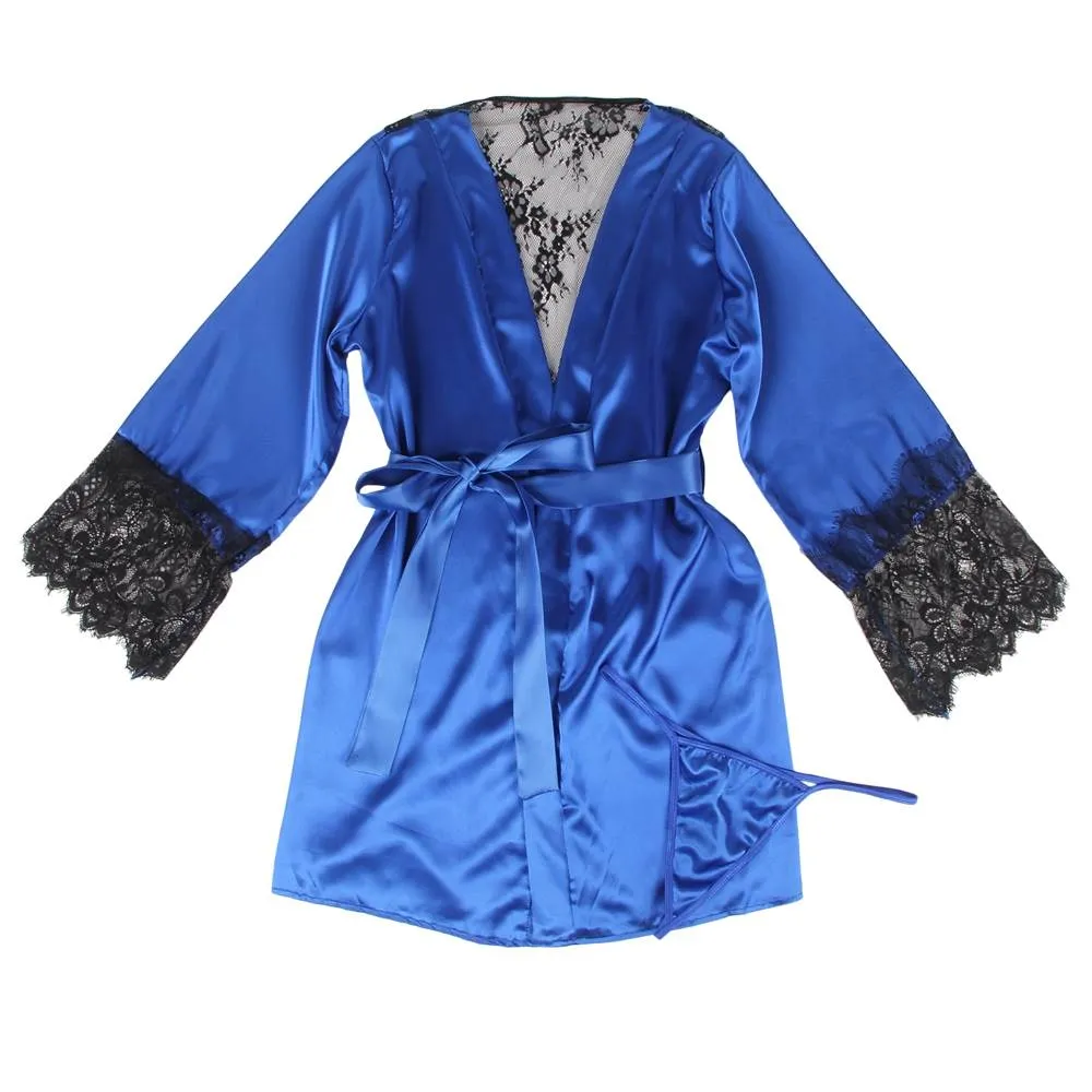 Silk Satin Lace Back Hollow Out Sexy Women Kimono Home