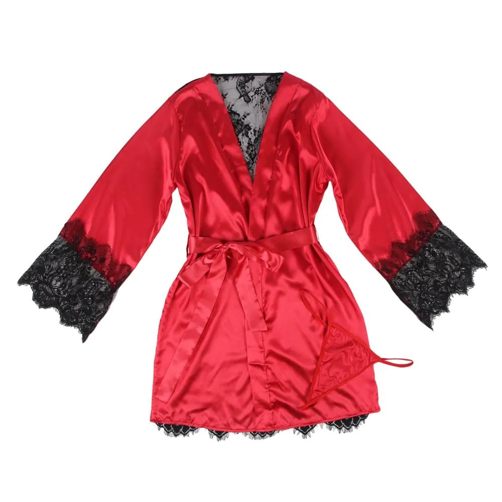 Silk Satin Lace Back Hollow Out Sexy Women Kimono Home