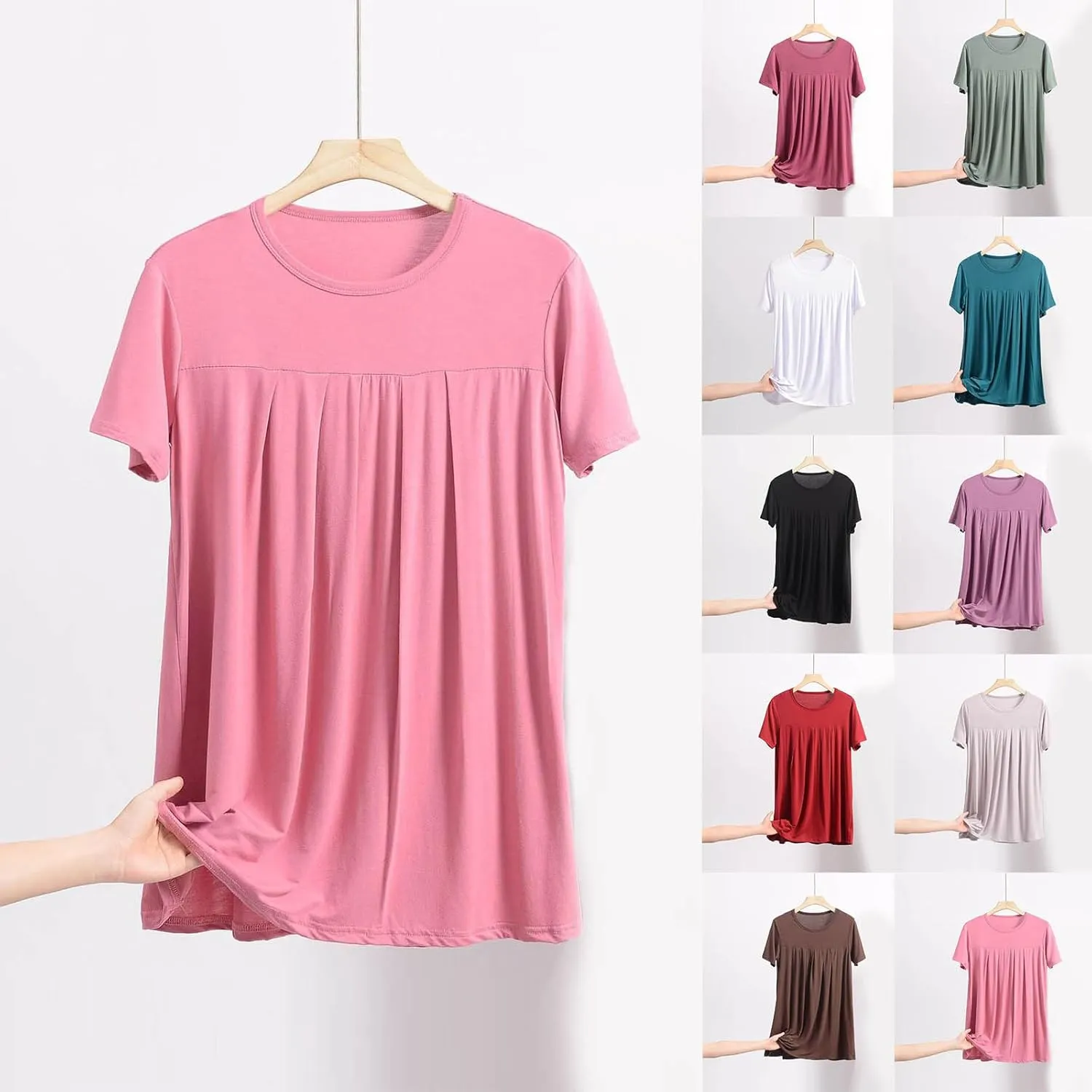 Sleep Shirt for Women Summer Loose Pleated Short Sleeve Pajamas Tops Solid Crewneck Soft Modal Loungewear
