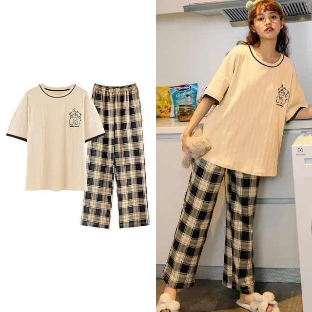 Sleepwear Cartoon Cotton Pajamas for Women Long Pants Short Sleeved Summer Homewear