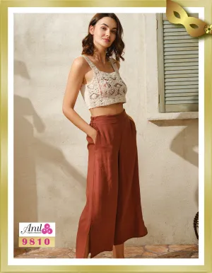 Sleeveless U-Neck Top and Plain Long Pants Set 9810