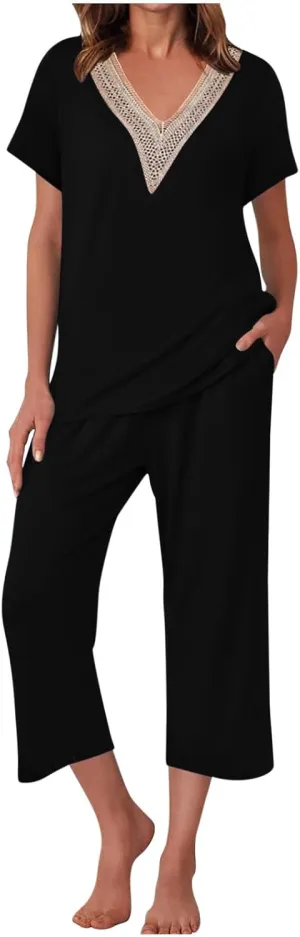 Smoneyful Womens Pajamas Set, Short Sleeve Lace V Neck Sleepwear Top with Capri Pants, Silk Satin Long Guipure