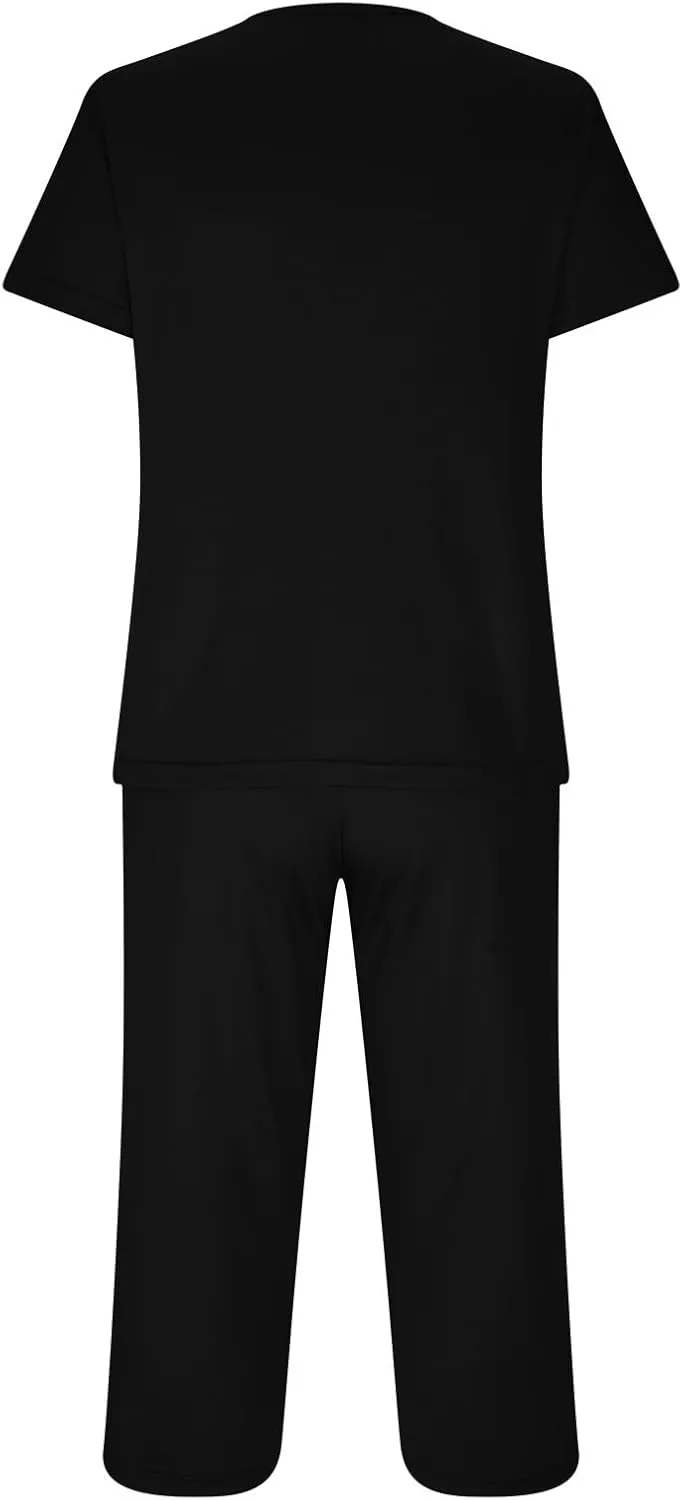 Smoneyful Womens Pajamas Set, Short Sleeve Lace V Neck Sleepwear Top with Capri Pants, Silk Satin Long Guipure
