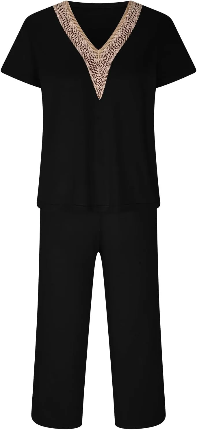 Smoneyful Womens Pajamas Set, Short Sleeve Lace V Neck Sleepwear Top with Capri Pants, Silk Satin Long Guipure