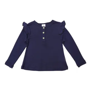 Soft Cotton Modal Button Down Frill Top Navy
